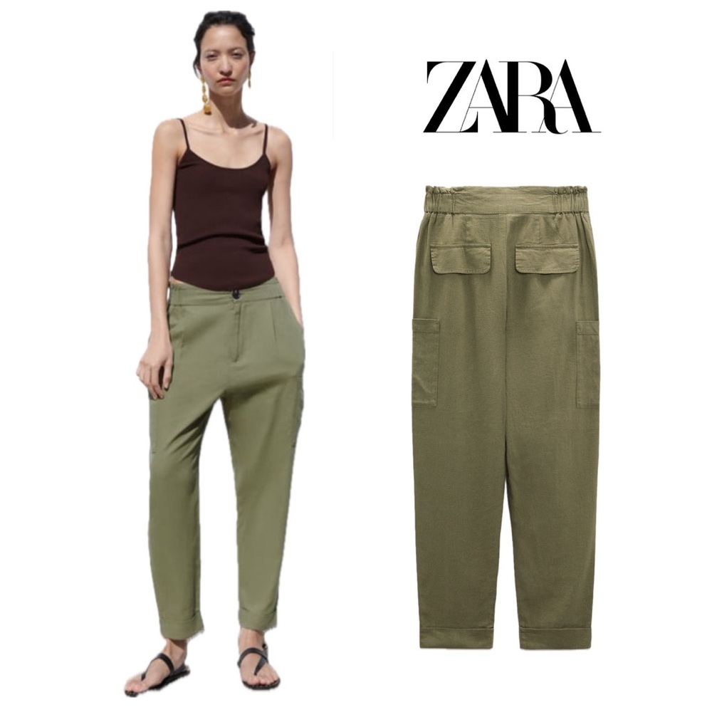 Zara linen blend baggy pants. REF.4387/067. Olive green. Size 6.